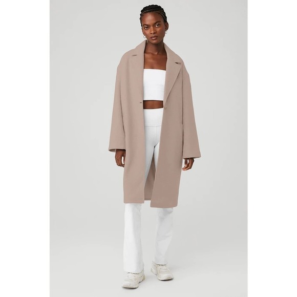 NWT ALO Yoga VIP Blazer Fleece Full Length Trench Coat Taupe Size L - Picture 1 of 11